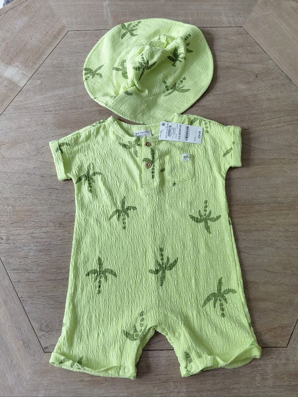 First Impressions Cotton Neon Green Romper Hat Set NWT Beach Tropical 6-9 Month